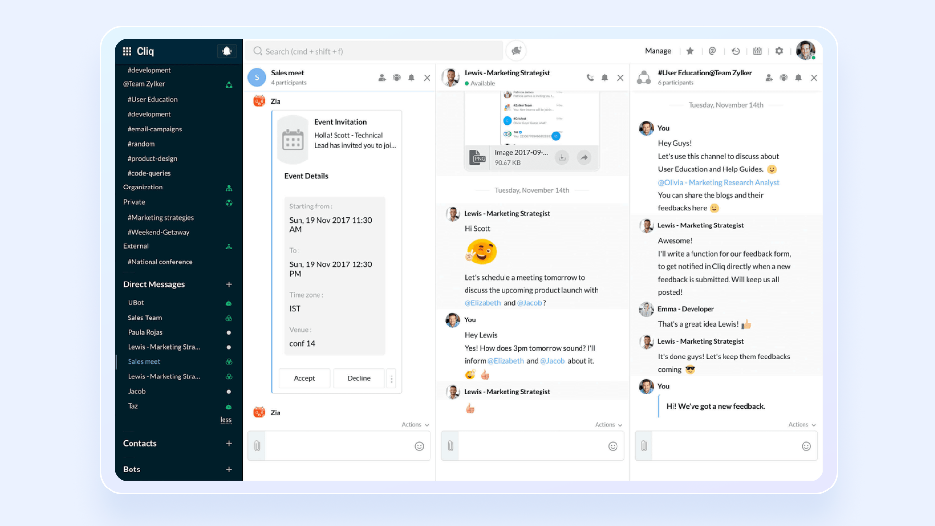 An image showing the affordable Slack alternative, Zoho Cliq.