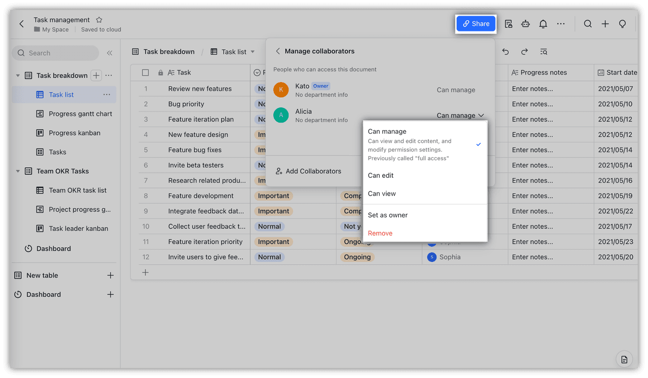 Permission setting in Lark Base