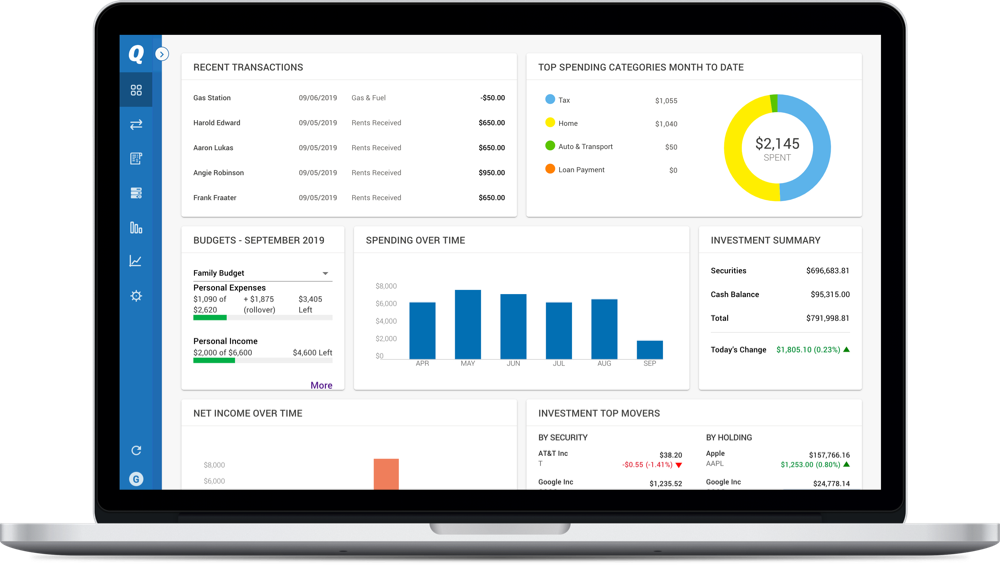 Quicken Premier dashboard for financial asset tracking
