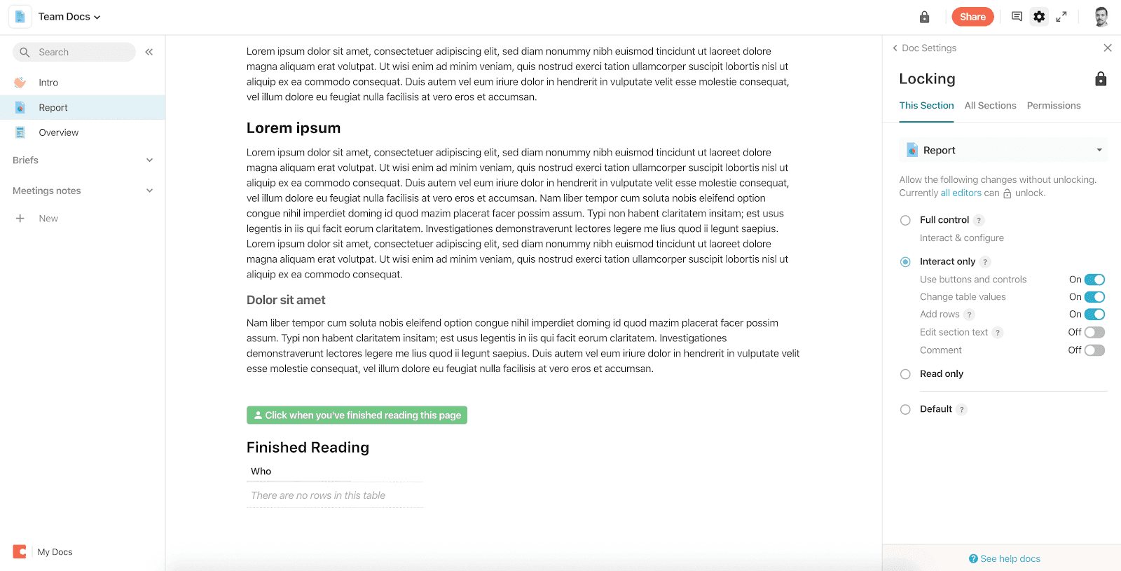 Coda with Docs setting pane opened on the right and left navigation bar opened on the left