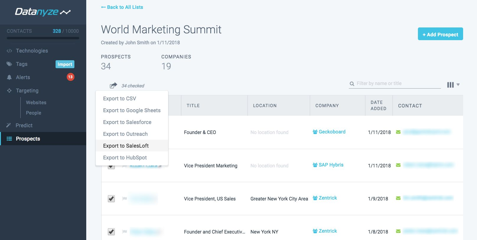 Datanyze - Contact management dashboard
