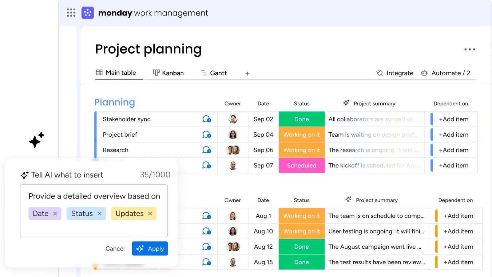 monday.com's project planning table