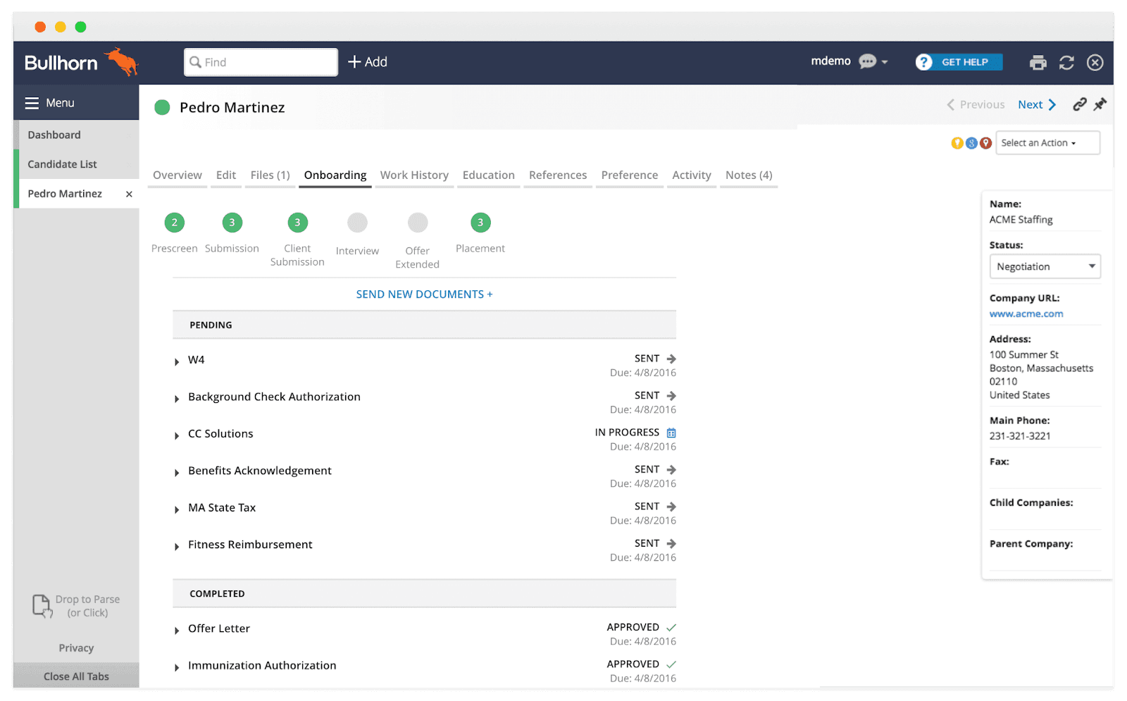 Recruitment crm software interface of Bullhorn