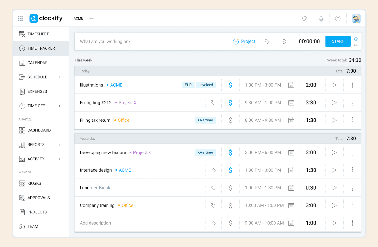 Interface of Clockify