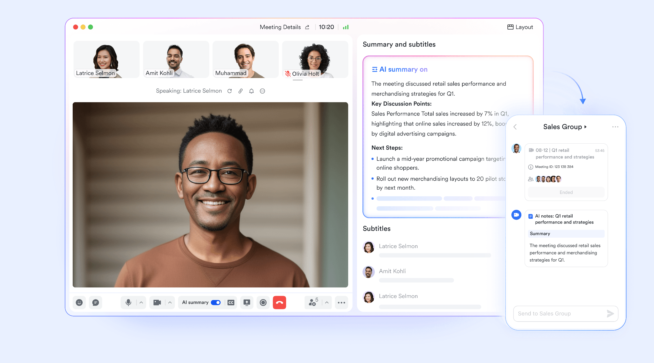 Built-in AI Meeting Notes auto-generate summaries