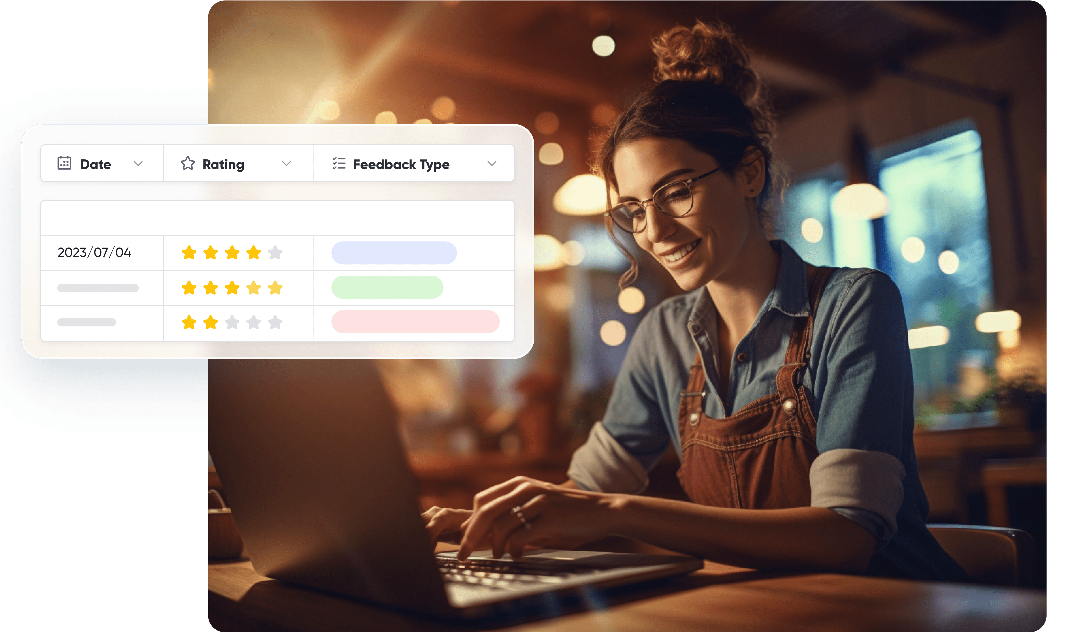 A restaurant manager is composing a new restaurant survey to customers, including different questions types such as rating, feedback type, date, and more.