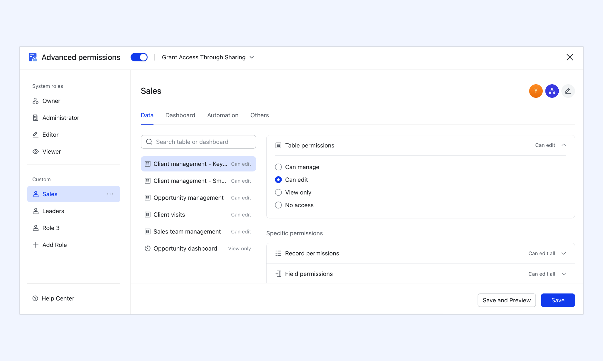 Lark supports advanced permissions through Base