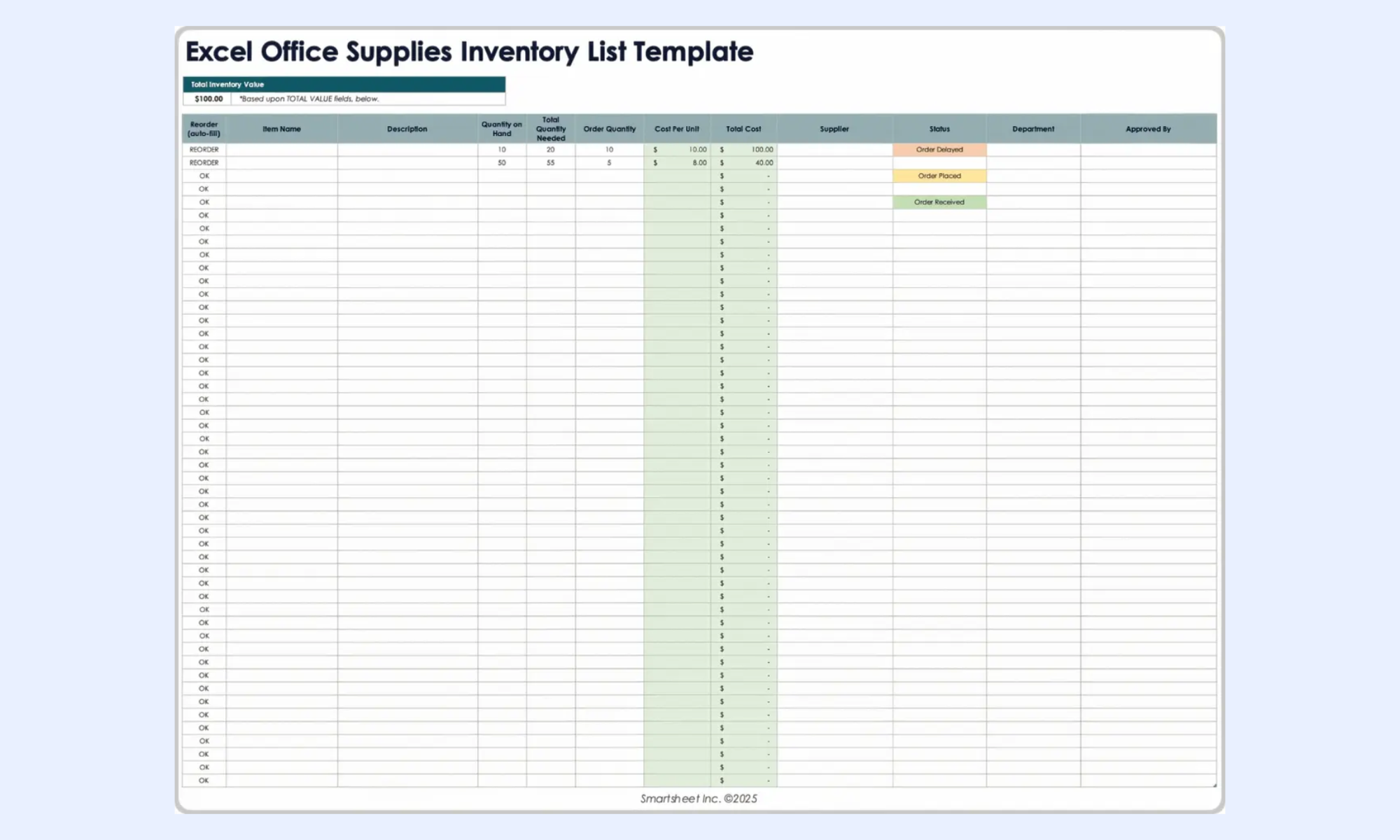Office supply template for consumables