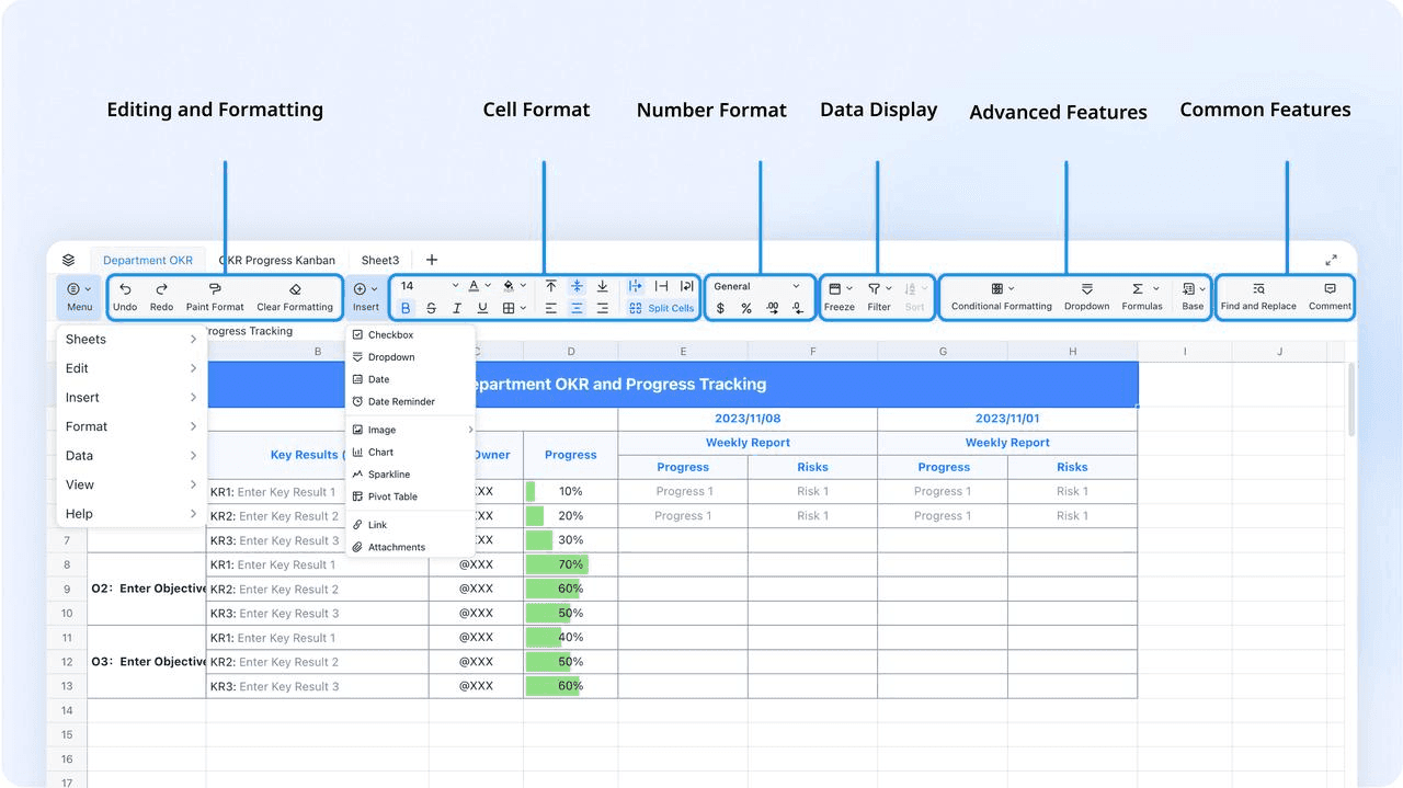 Image highlighting the different buttons in Lark Sheets