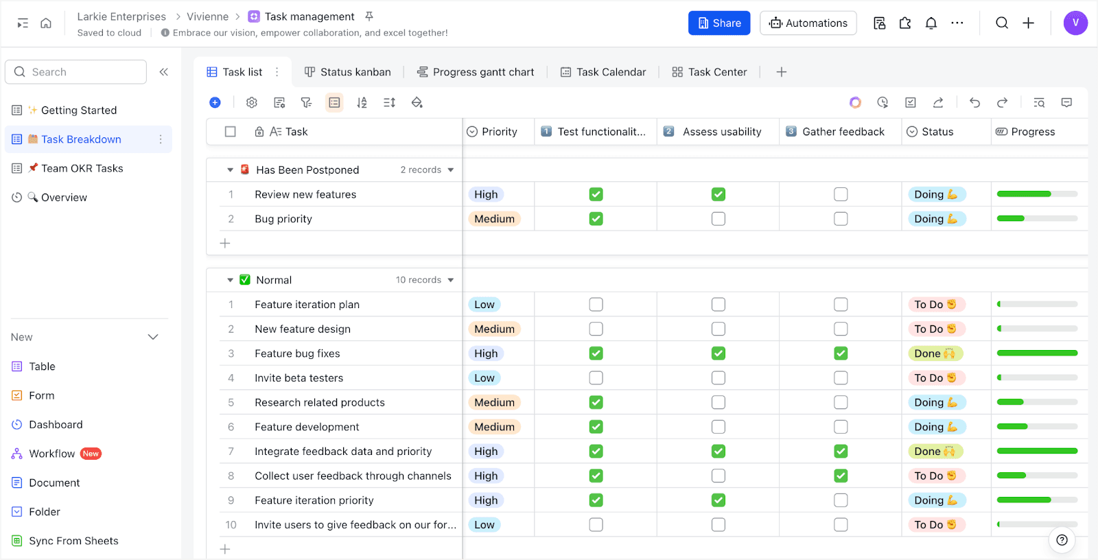 Lark Base used for task management, with different tasks categorized by status