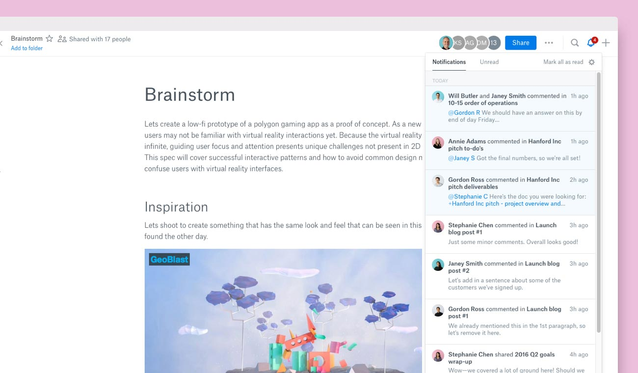 Dropbox Paper is a document productivity software for collaboration