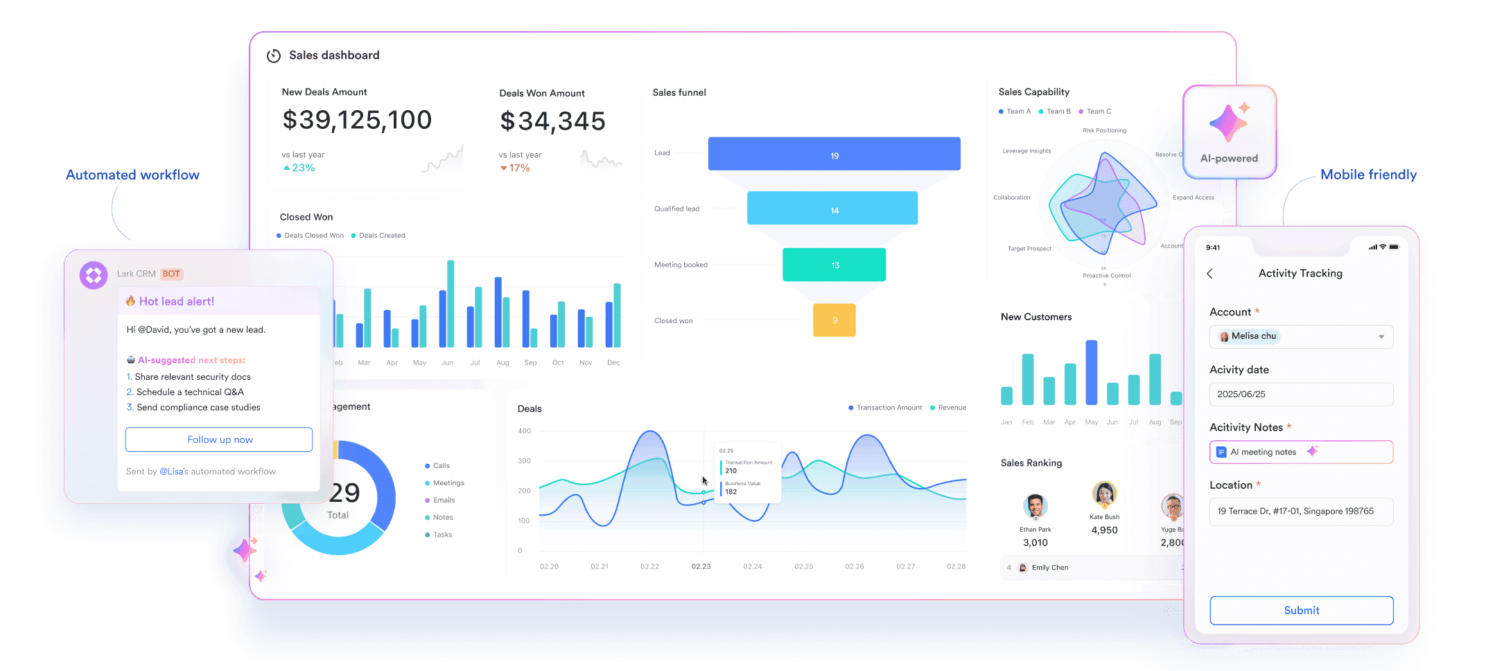Lark's CRM solution with automation, dashboards, and mobile friendly forms, all key small business crm tools