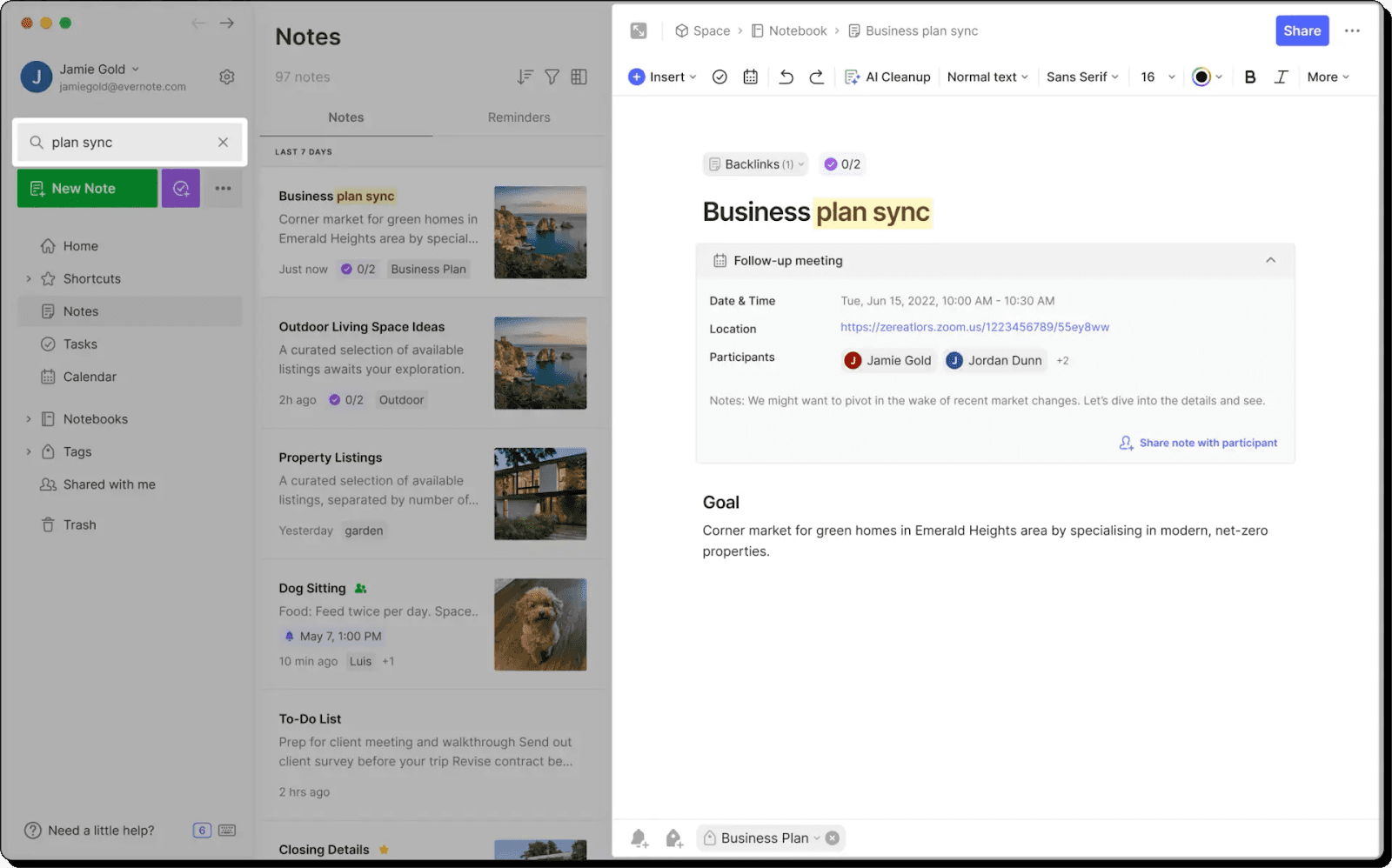 Interface of Evernote