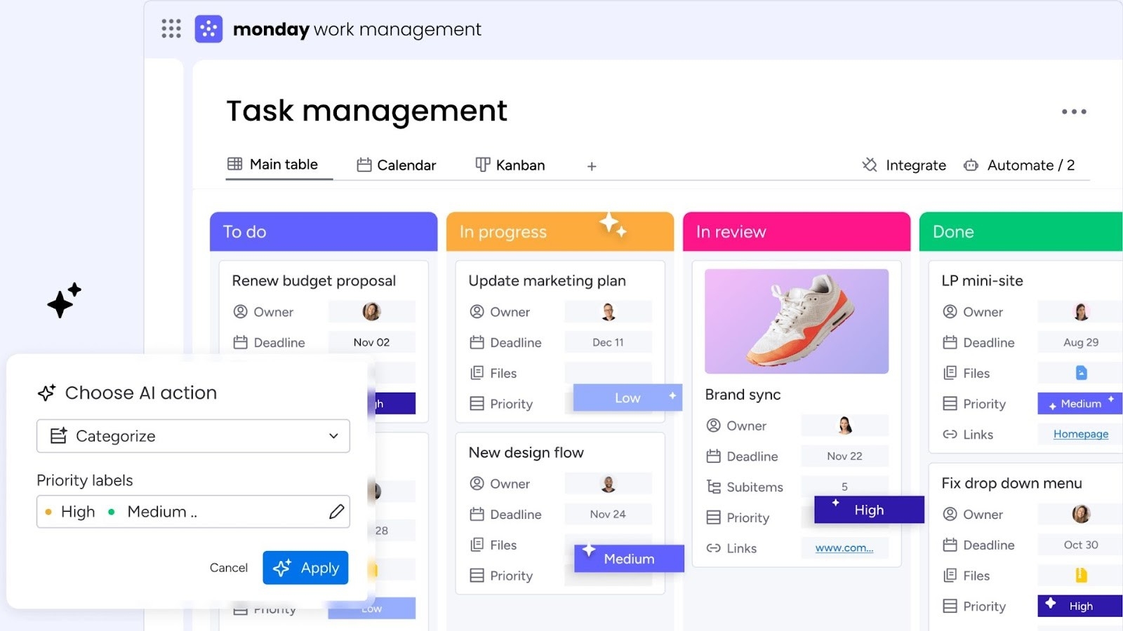 Monday.com's colorful board for collaborative task management