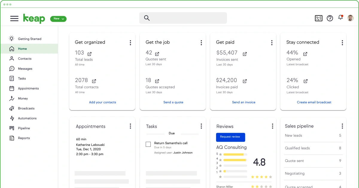 Home interface of Keap