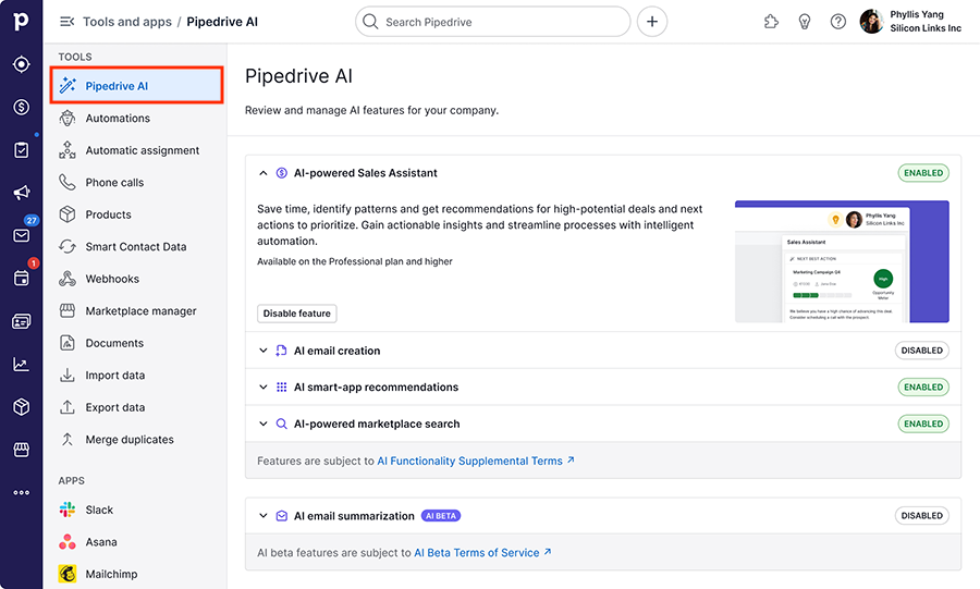 Interface of Pipedrive AI CRM, showing the various AI tools available