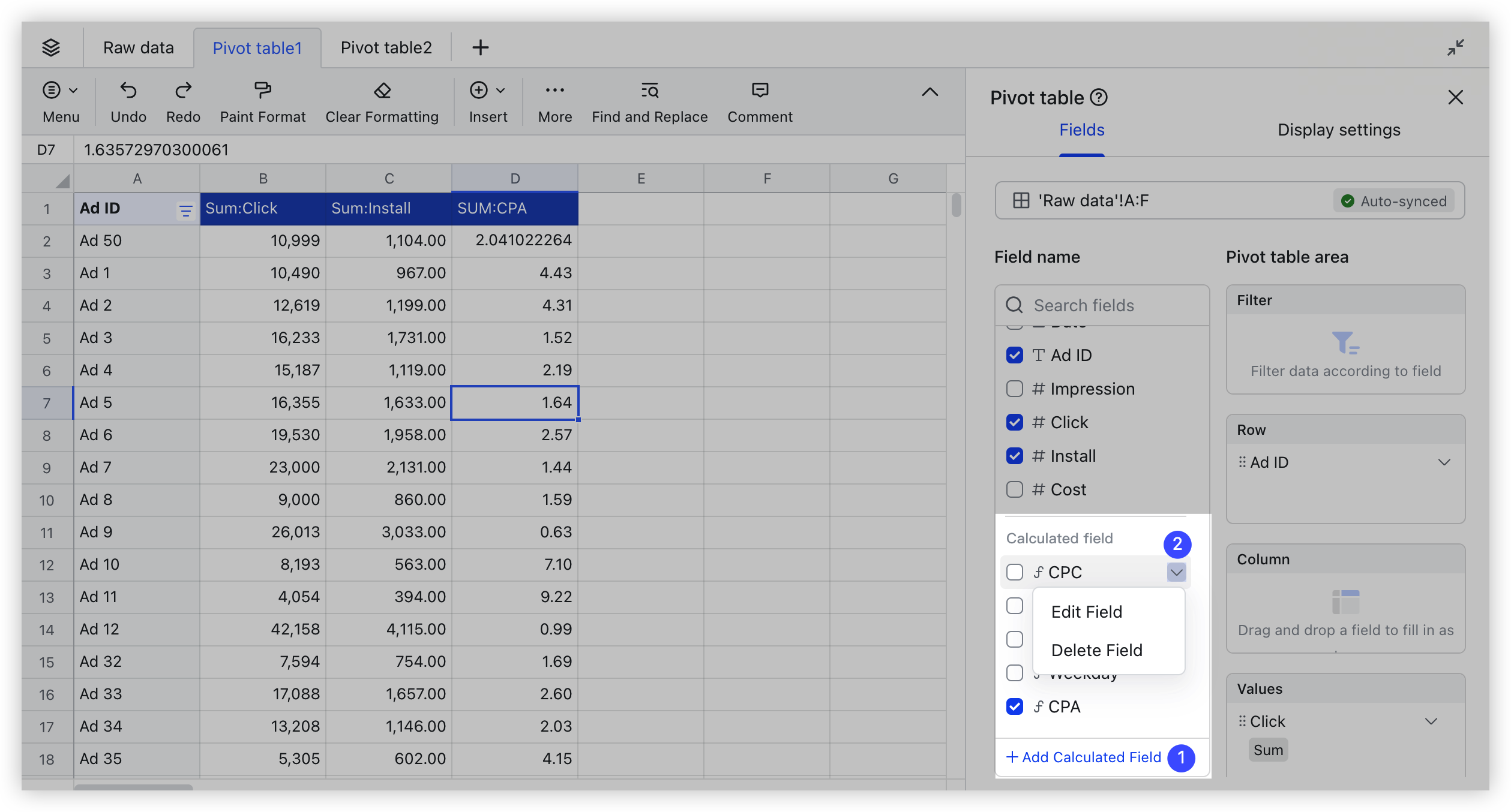 Use calculated fields in pivot tables