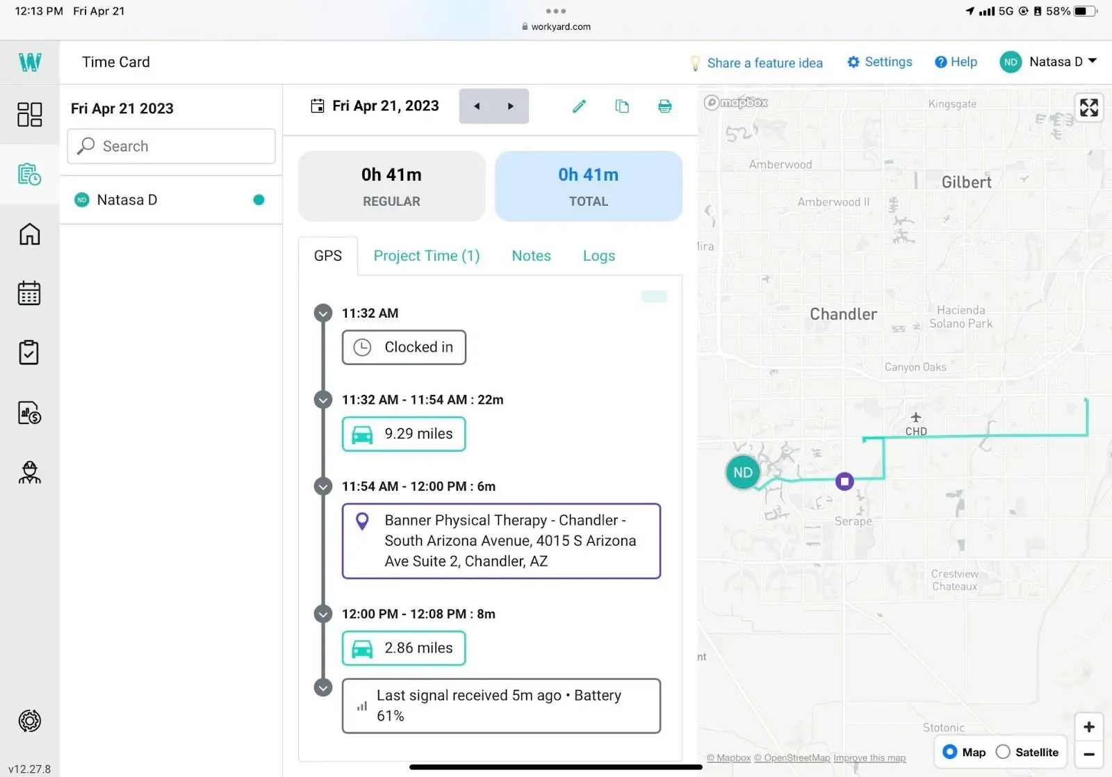 Workyard GPS-based construction time tracking dashboard
