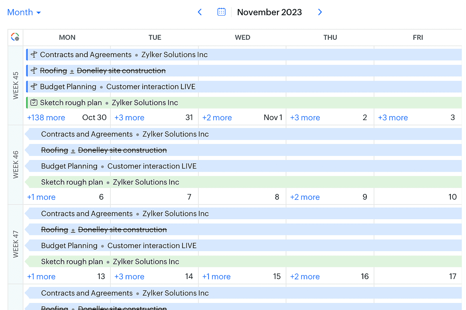 A screenshot of Zoho Project’s task calendar 