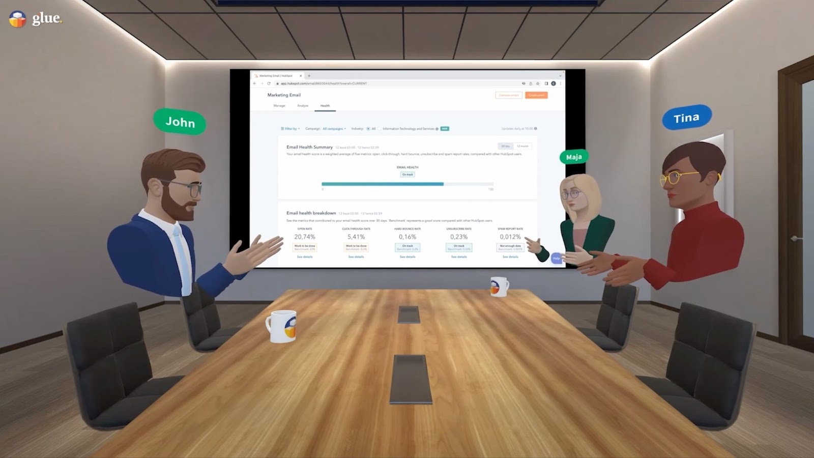 Glue’s virtual meeting’s avatars in a collaborative boardroom
