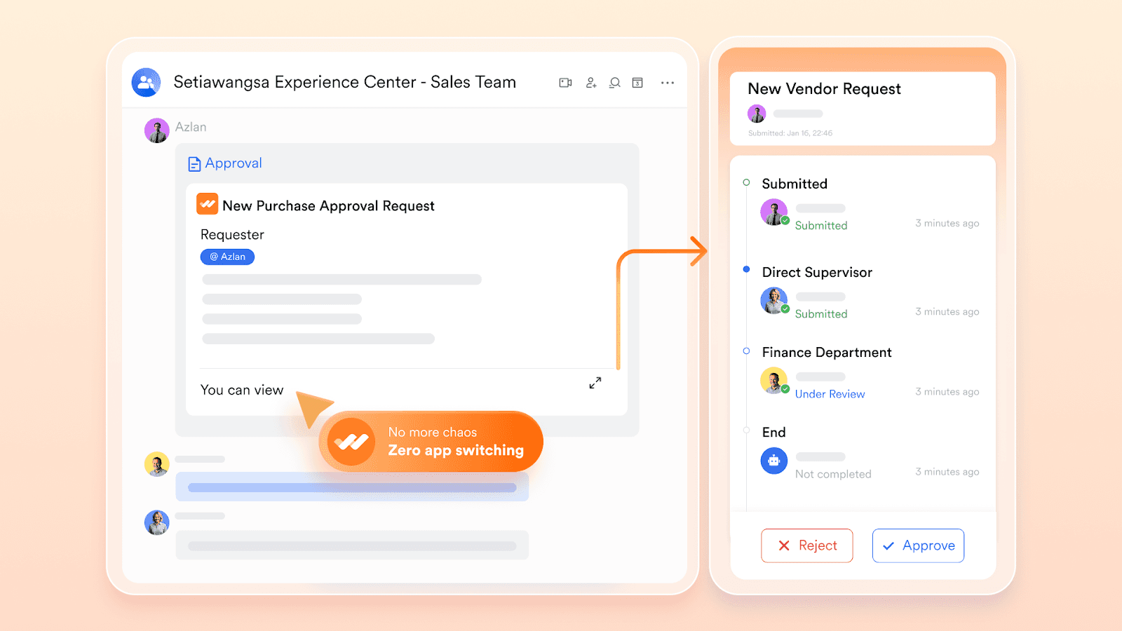 A team's approval request and its streamlined workflow