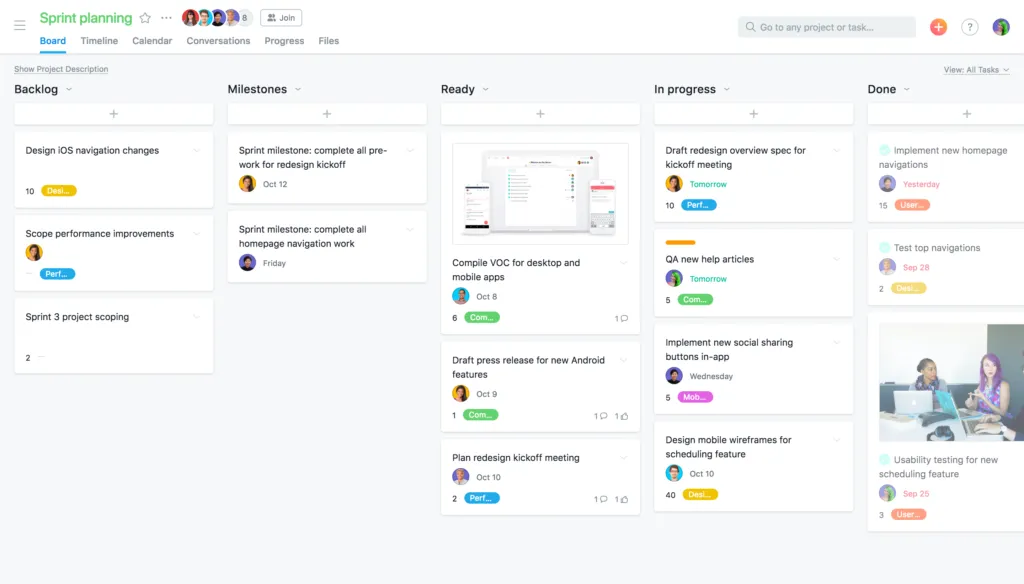 Asana sprint board with tasks organized by status and assignee