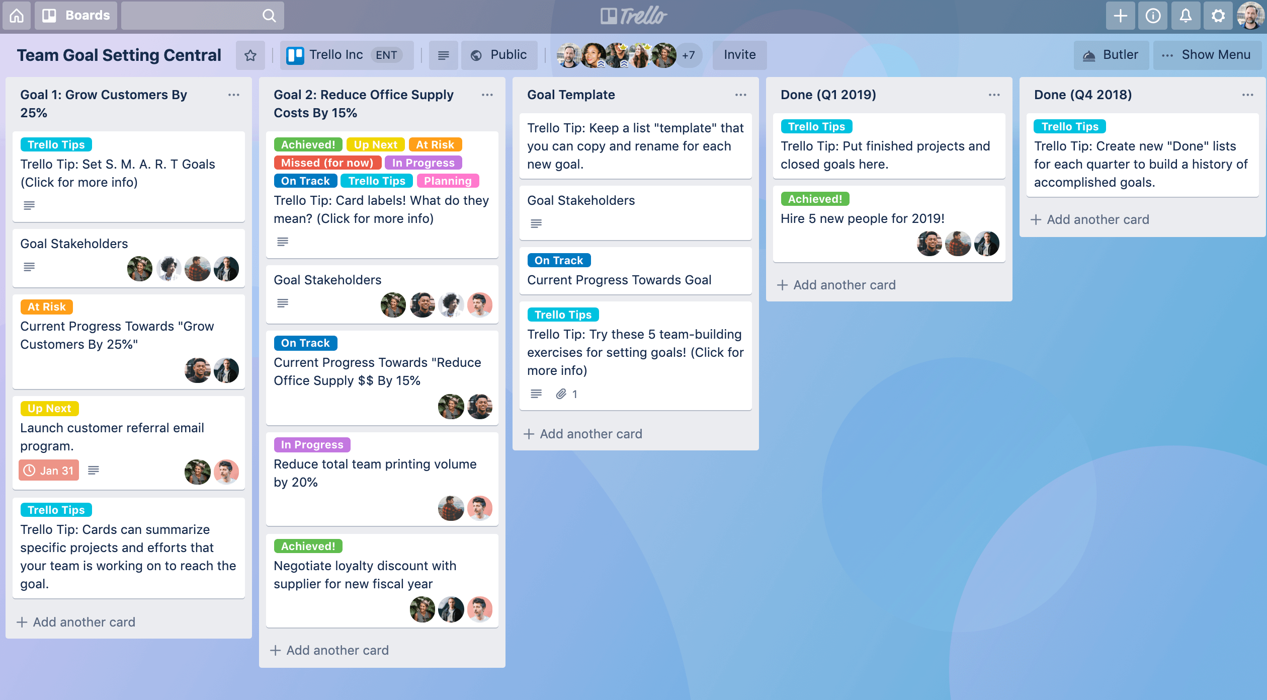 Trello board showing lists, cards, and task progress