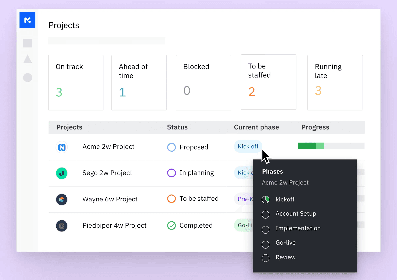 Rocketlane's dashboard for tracking client onboarding phases