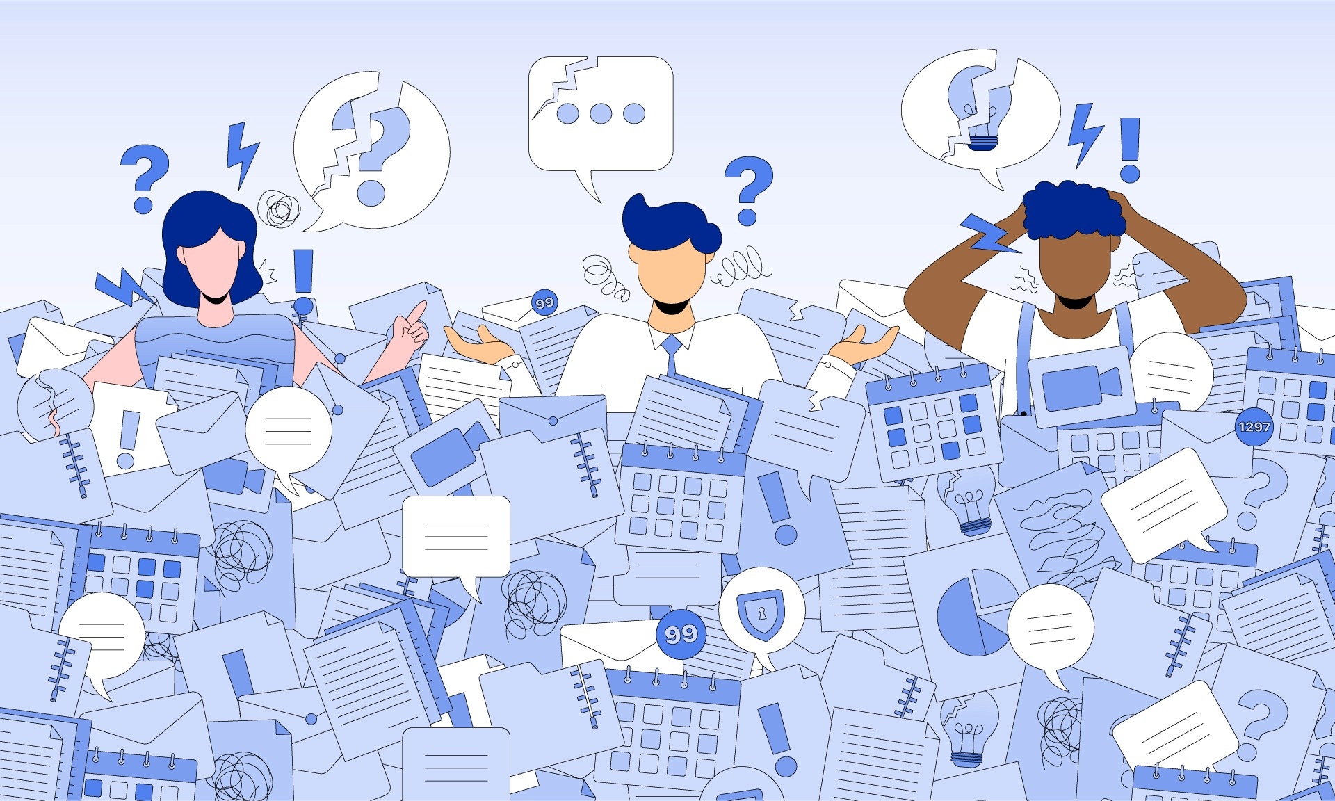 Overwhelmed employees buried in meetings, messages, calendars, and documents—highlighting broken collaboration and information overload.