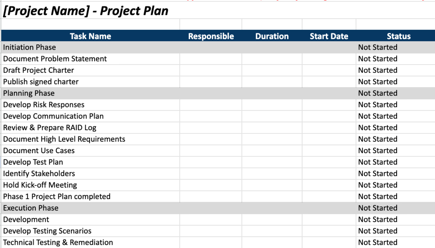 Simple project plan: Google Sheets
