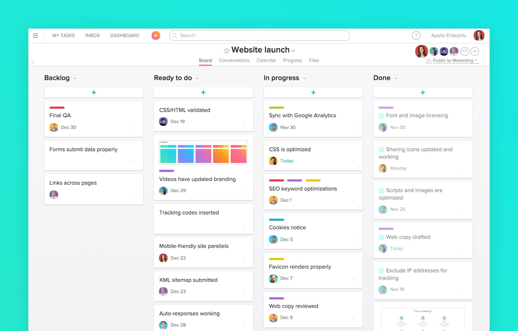 Interface of Asana with columns showing different task statuses