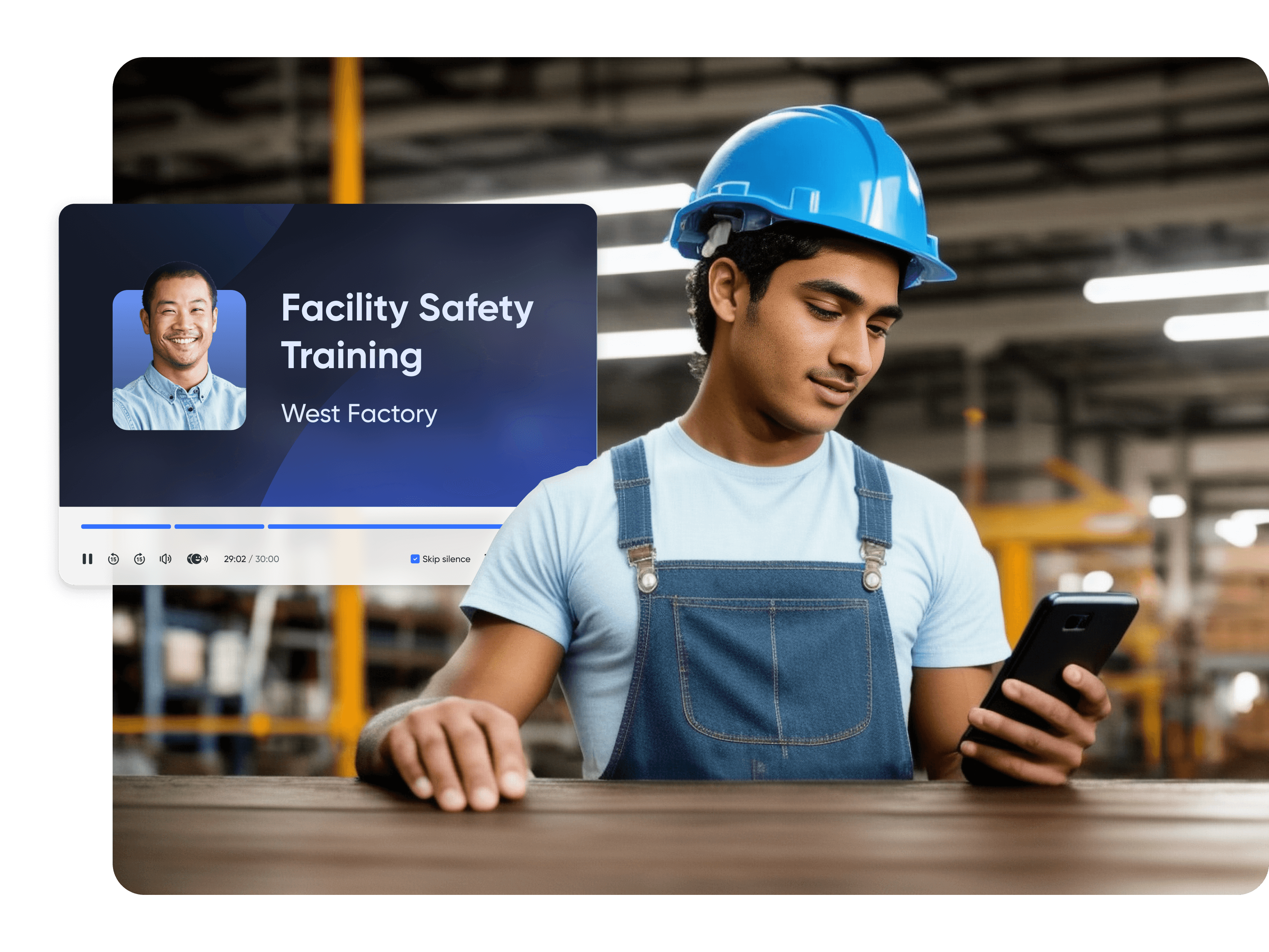 An industrial frontline worker in a production factory engaged in facility safety training through video content