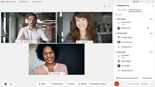 Cisco Webex meeting interface showing participants, chat, and screen sharing