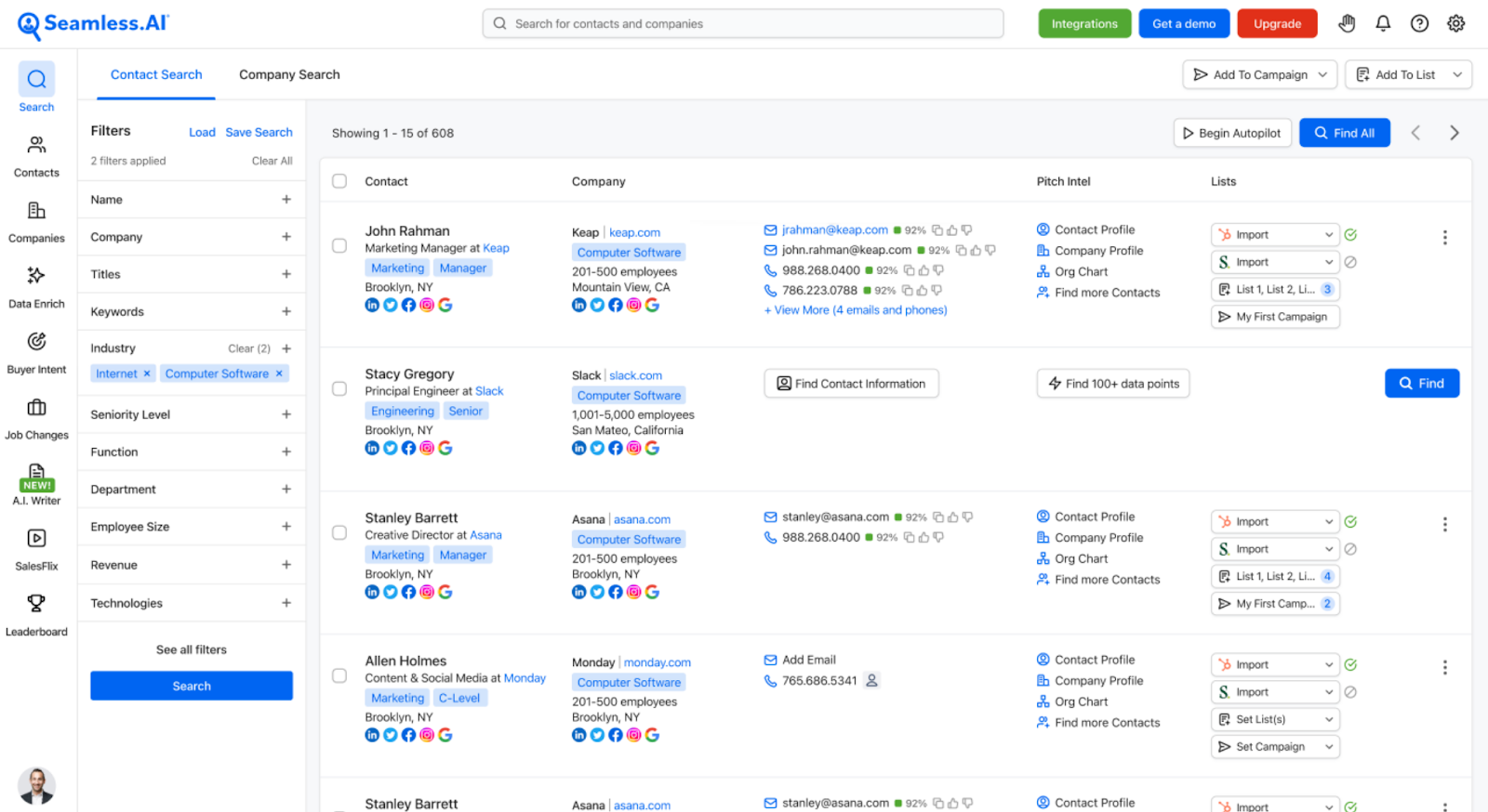 Seamless.ai dashboard showing contact search, lead lists, and email verification