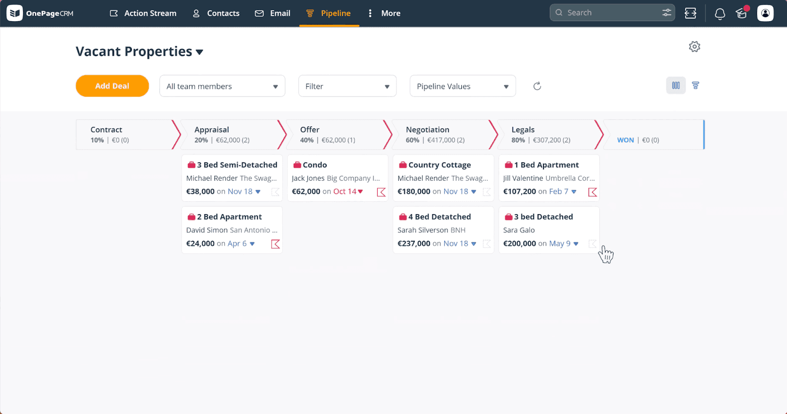 OnePageCRM's action-focused visual sales pipeline interface