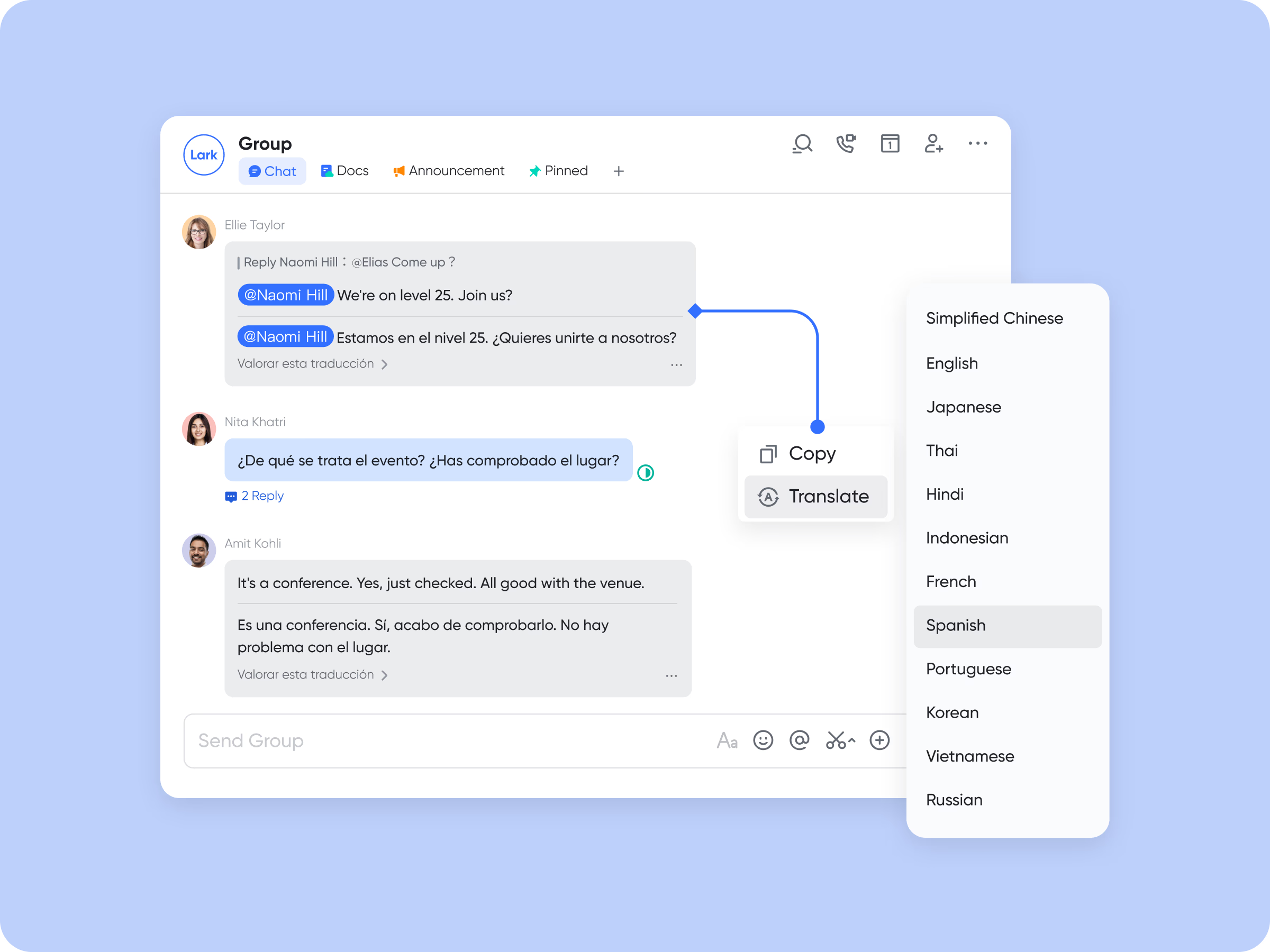 Lark allows auto-translation in chats