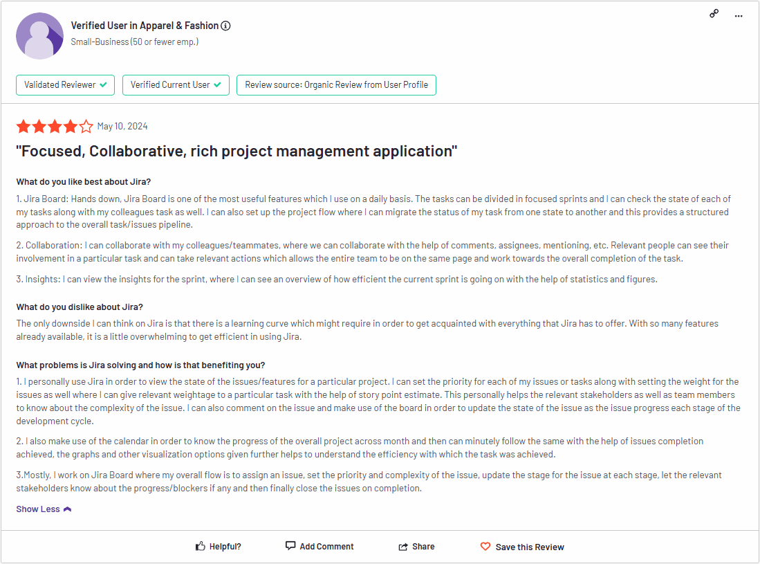 Screenshot of Jira user review