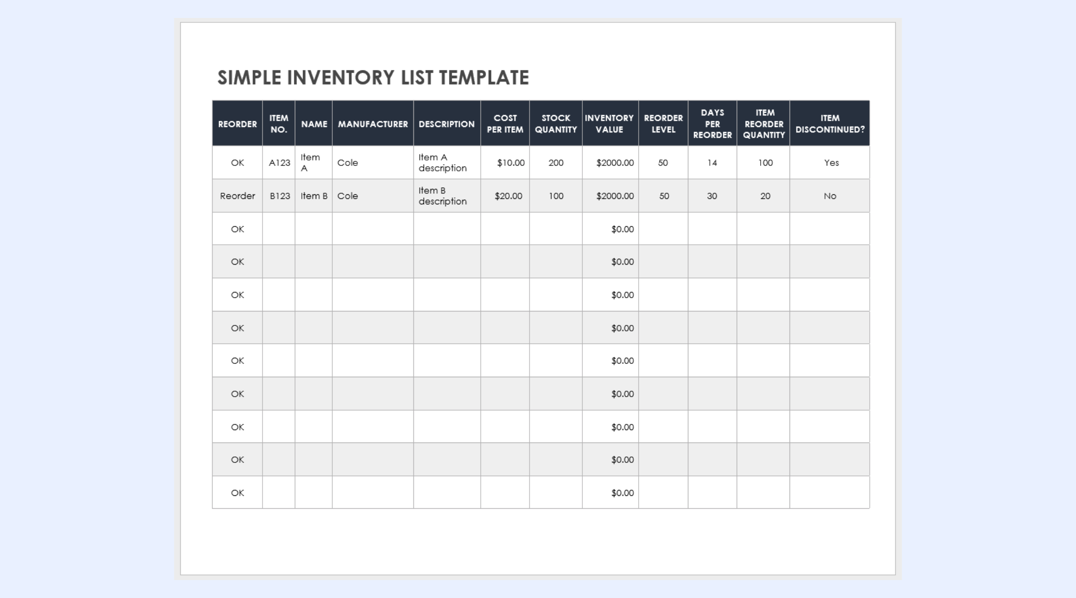 Inventory Excel spreadsheet template
