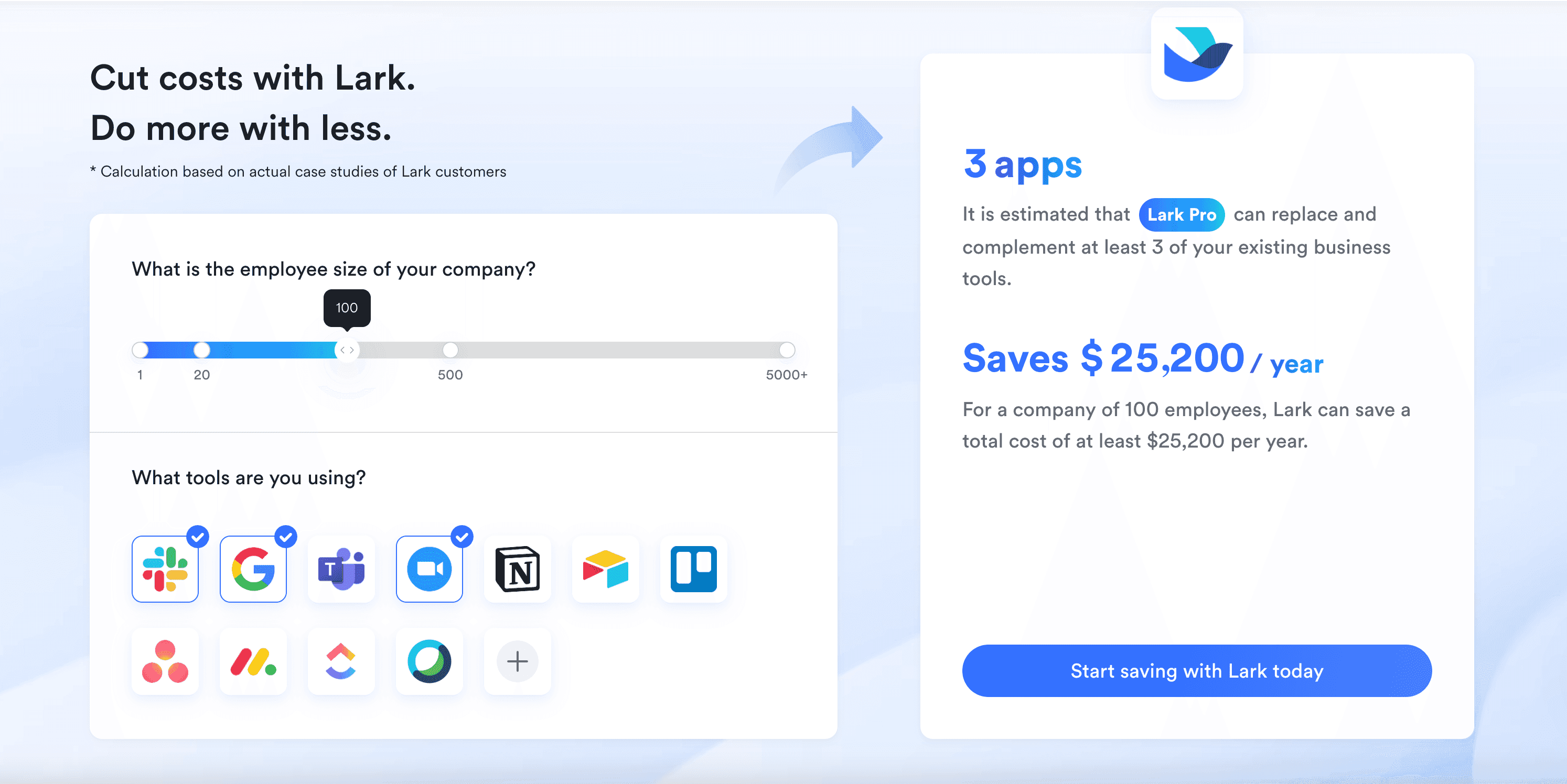 Lark's cost savings calculator to help businesses save on unnecessary costs