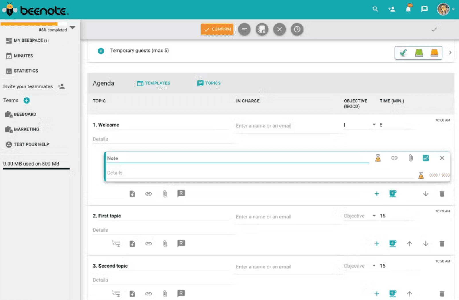 Interface of Beenote meeting minutes