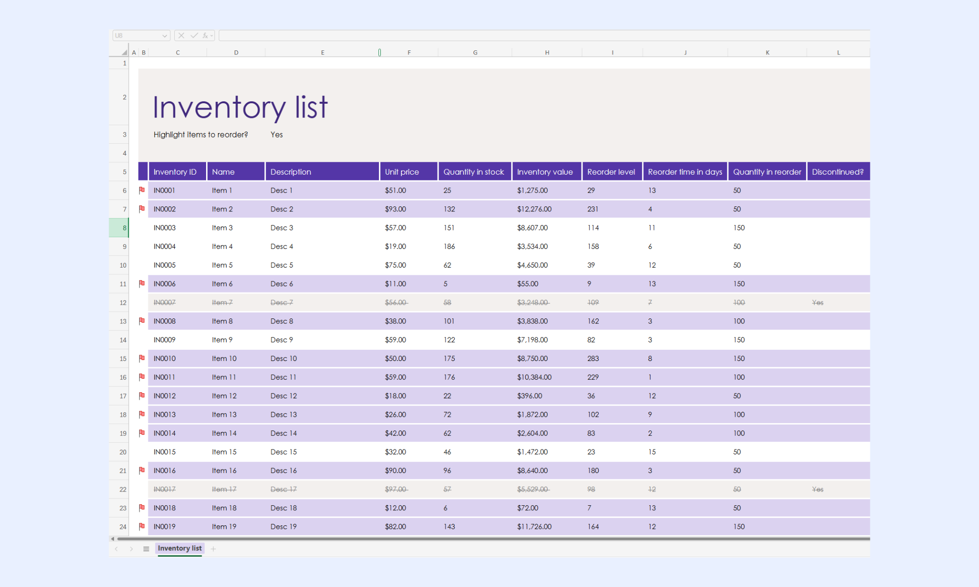 Retail inventory template for product tracking