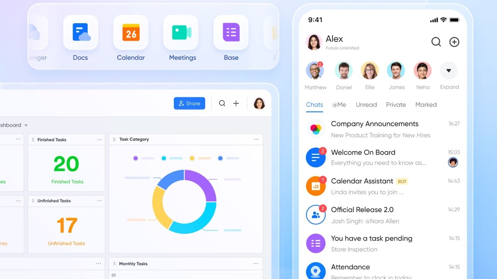 Lark workspace's unified messaging, calendar, docs, and analytics