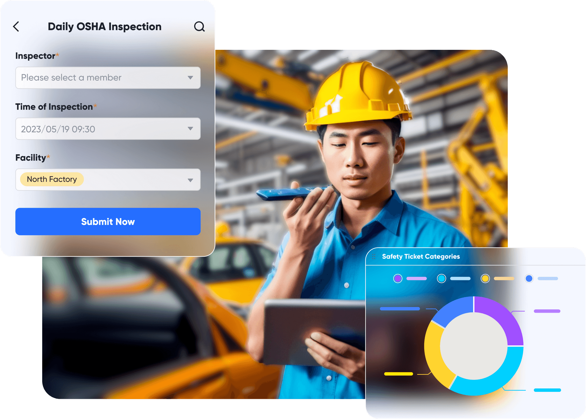 A male factory worker is conducting OSHA inspection carefully in a car facility, with his left hand on a tablet trying to examine the inspection results and his other hand holding a phone to call colleagues in the office.