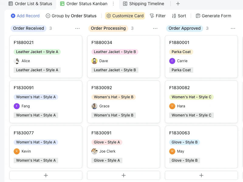 Lark dashboard interface showing Order Status Kanban board