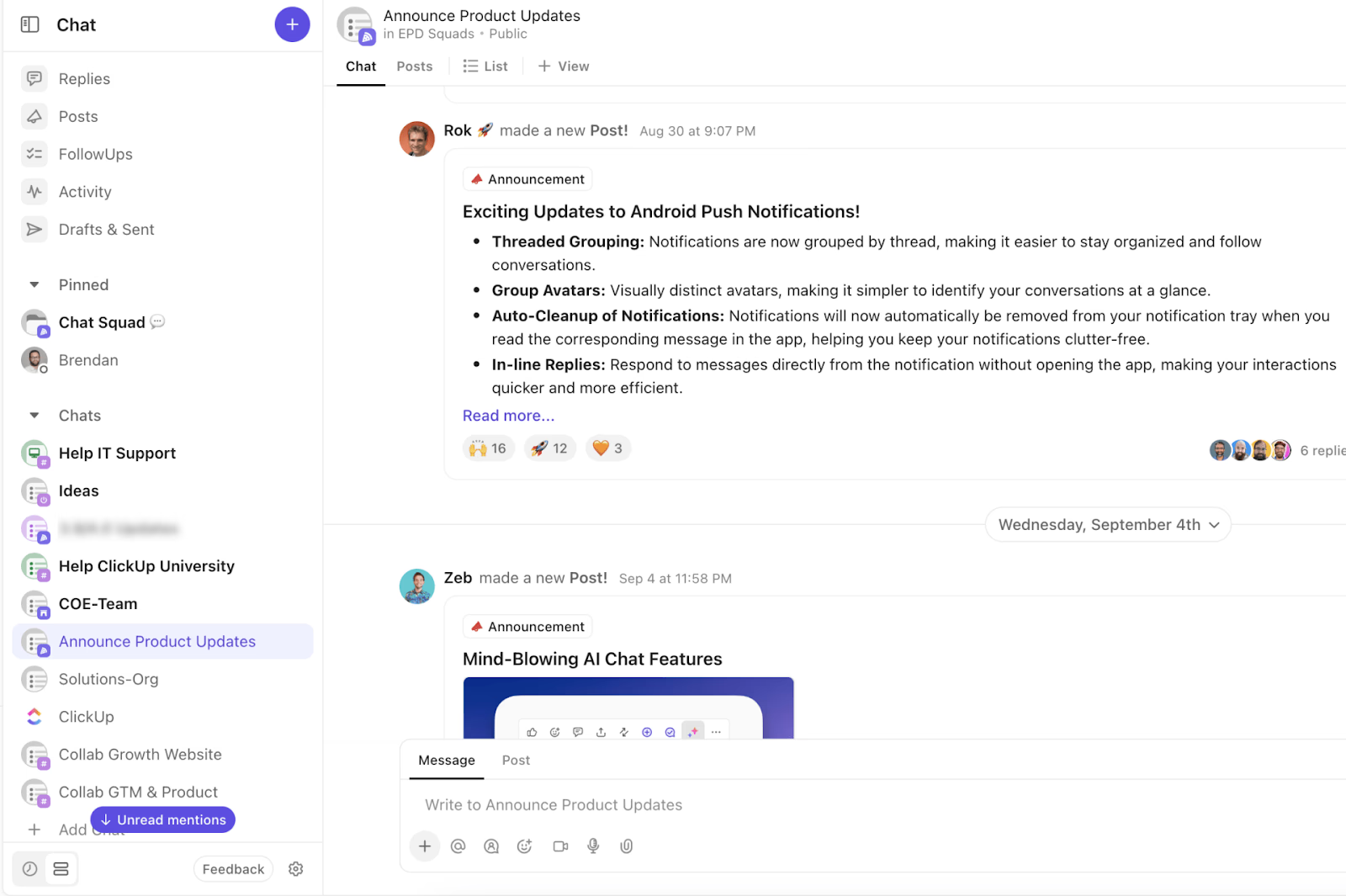 Product announcements sent to the ClickUp app