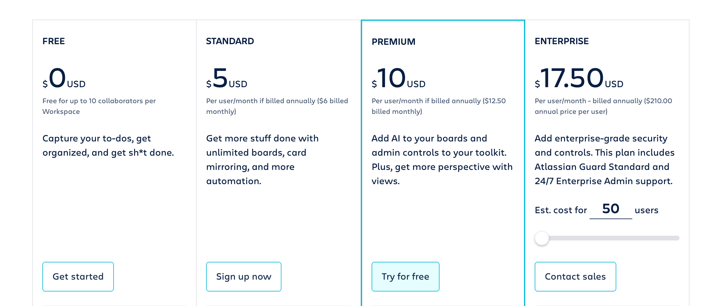 Trello's plans and pricing