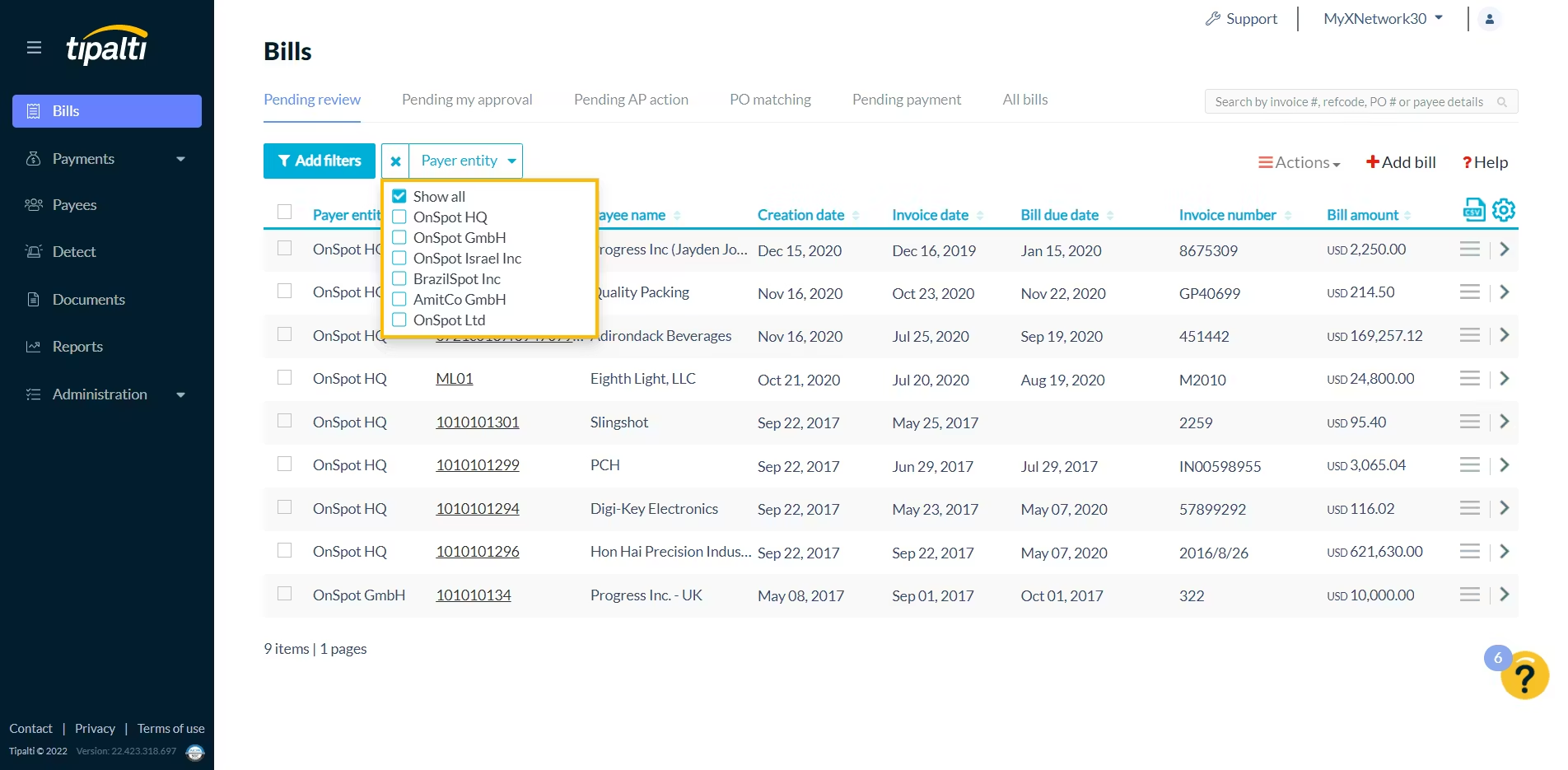Tipalti bills dashboard with invoice management and payer filtering