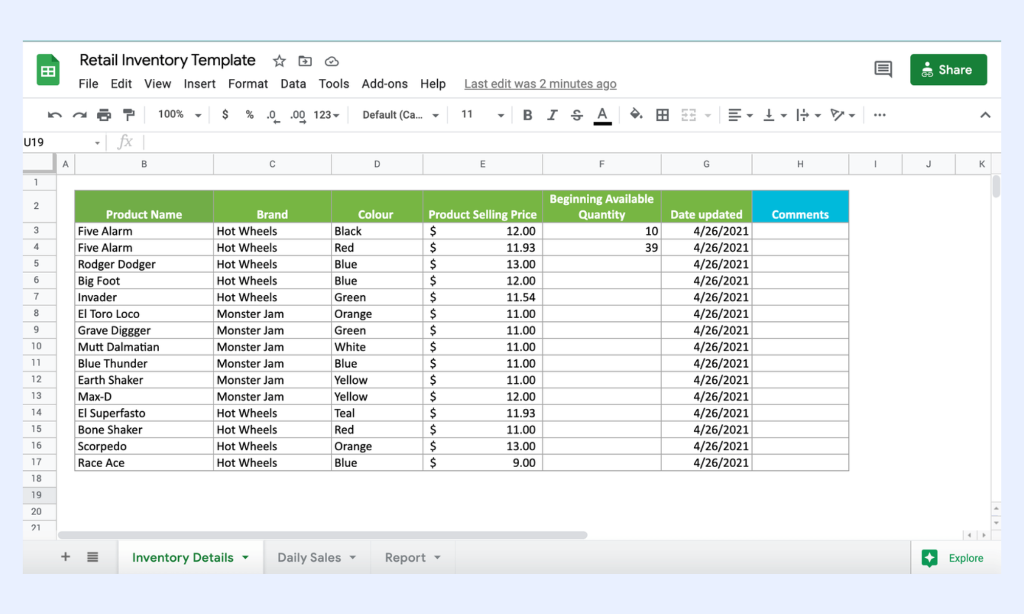 Google spreadsheet inventory template