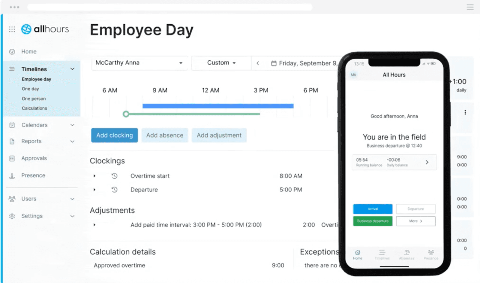 Spica (All Hours)’s employee time tracking interface