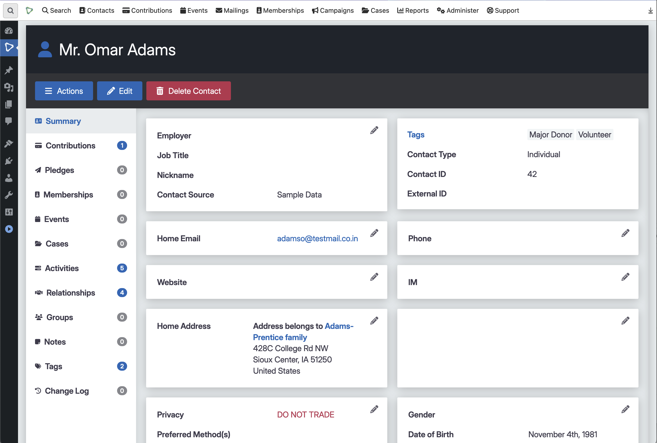 CiviCRM (non-profit) interface and dashboard